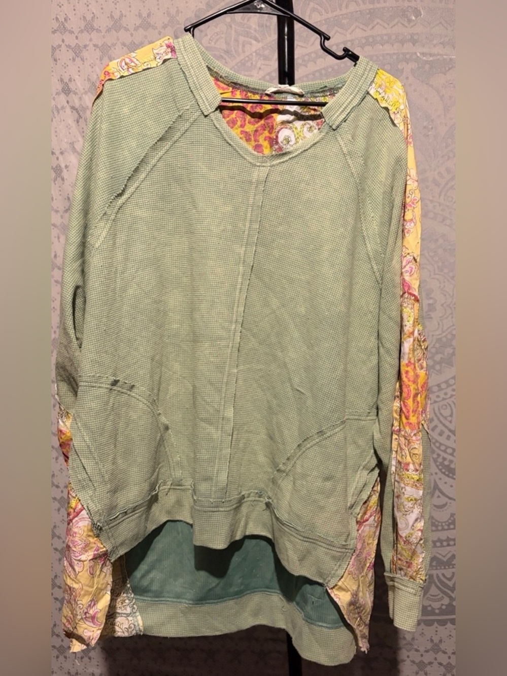 Sage Green Waffle Knit Pullover with Paisley Sleeve Accents